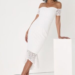Lulus Definition Of Gorgeous Ivory Lace Off-the-shoulder Midi Dress White
